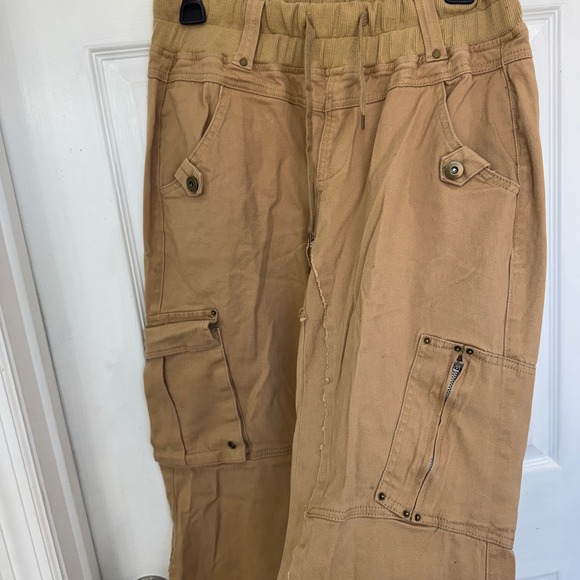 Flamingo Tan Cargo Wide Leg Pant Elastic Waistband Drawstring Women's Size Large - Picture 4 of 7